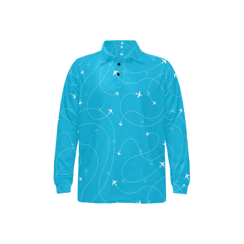 Airplane destinations blue background Men's Long Sleeve Polo Shirt