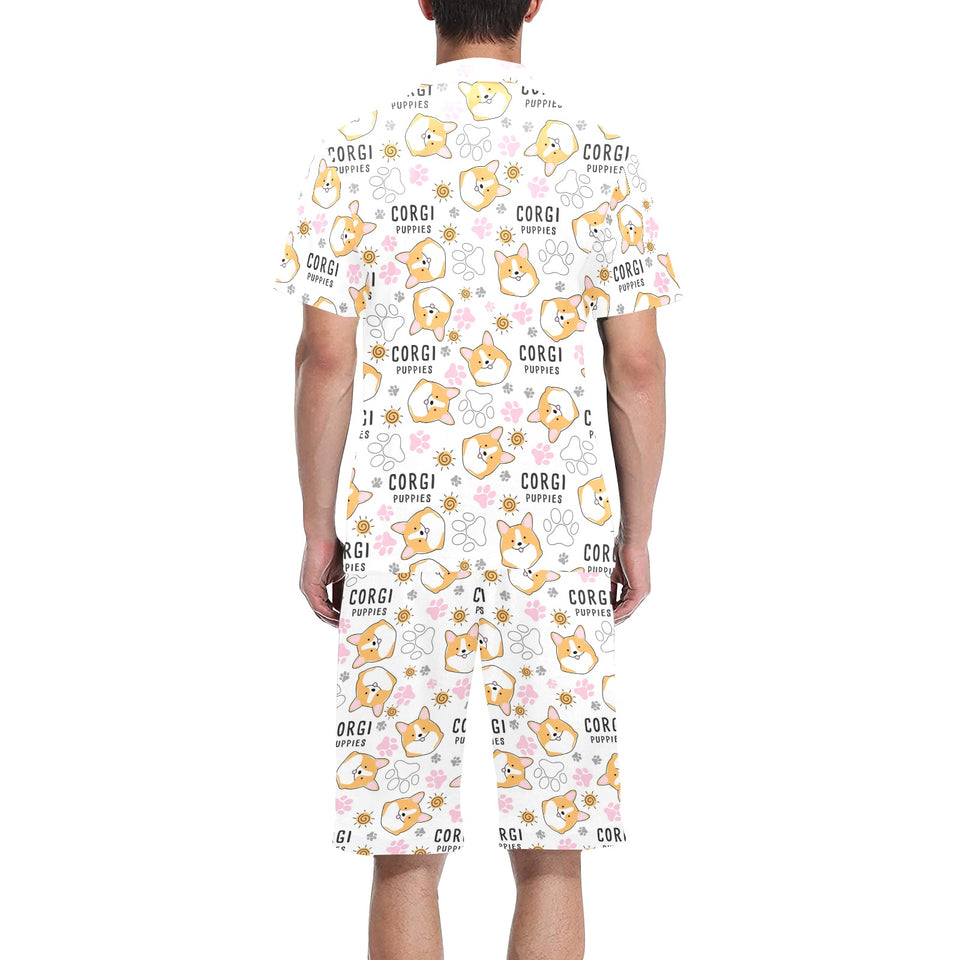 Corgi Dog Pattern Men's V-Neck Short Pajama Set