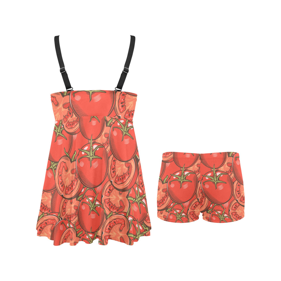 Red Tomato Pattern Chest Sexy Pleated Two Piece Swim Dress