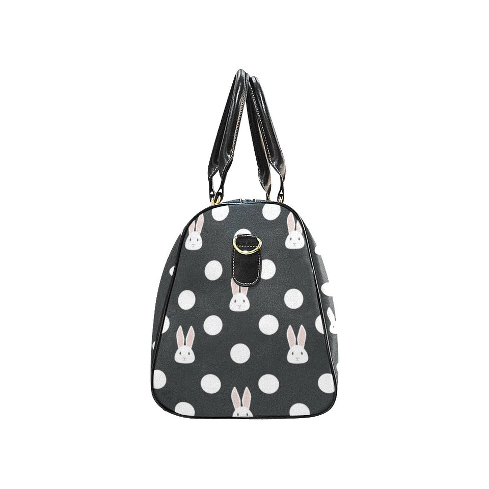 Cute white rabbit polka dots black background Travel Bag