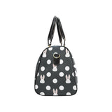 Cute white rabbit polka dots black background Travel Bag