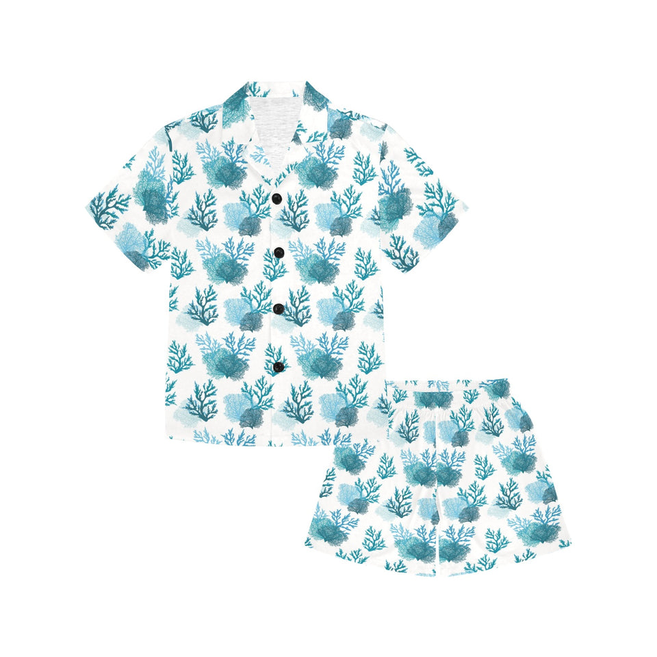 Coral Reef Pattern Print Design 04 Kids' Boys' Girls' V-Neck Short Pajama Set