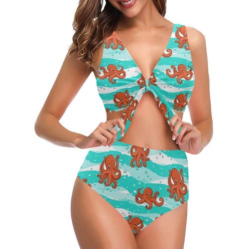 Octopuses sea wave background Chest Bowknot High Waisted Bikini Swimsuit