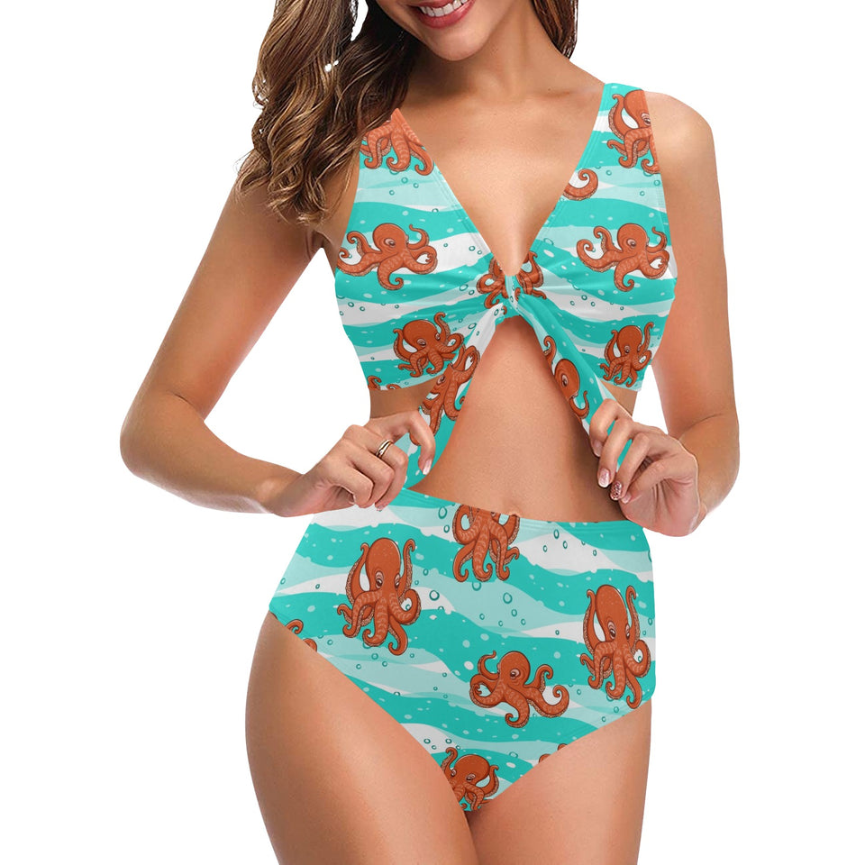 Octopuses sea wave background Chest Bowknot High Waisted Bikini Swimsuit