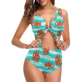 Octopuses sea wave background Chest Bowknot High Waisted Bikini Swimsuit
