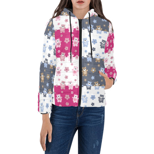 Teddy Bear Pattern Print Design 03 Women's Padded Hooded Jacket
