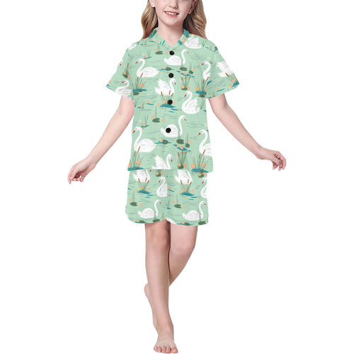 White swan lake pattern Kids' Boys' Girls' V-Neck Short Pajama Set