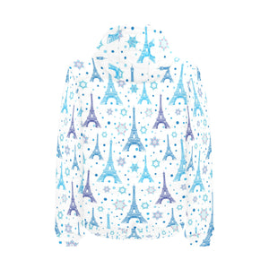 Blue Eiffel Tower Theme Pattern Print Design 01 Men's Padded Hooded Jacket