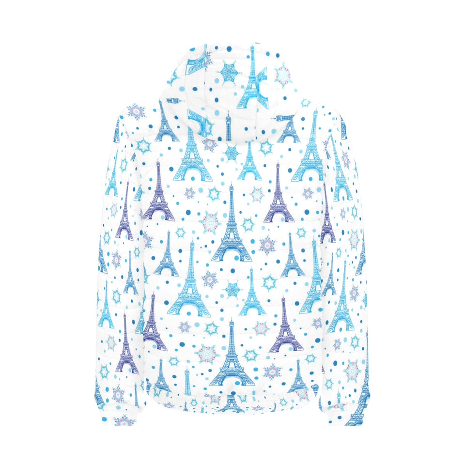 Blue Eiffel Tower Theme Pattern Print Design 01 Men's Padded Hooded Jacket