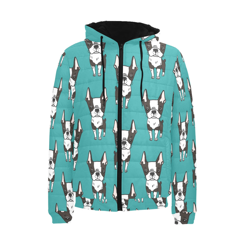 Hand drawn boston terrier dog pattern Men's Padded Hooded Jacket