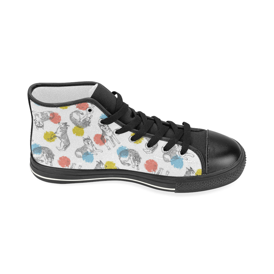 Siberian husky and colorful circle pattern Women's High Top Canvas Shoes Black