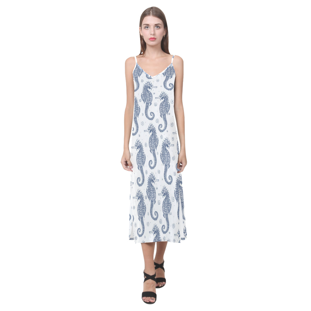 Seahorse pattern background V-Neck Open Fork Long Dress