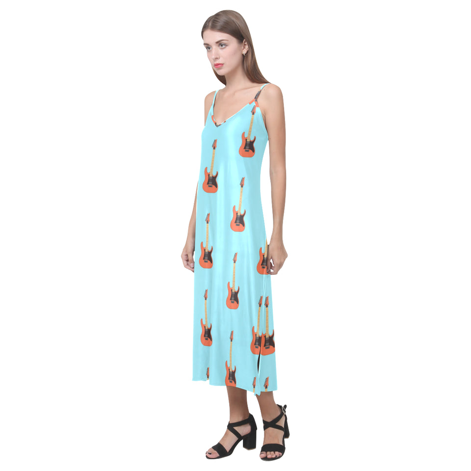 electric guitar pattern light blue background V-Neck Open Fork Long Dress