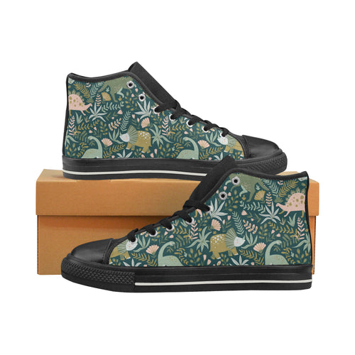 dinosaurs tropical leaves flower pattern Women's High Top Canvas Shoes Black