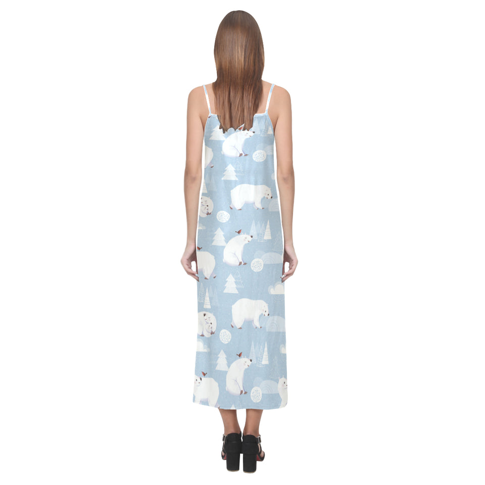 Cute polar bears Christmas decoration pattern V-Neck Open Fork Long Dress