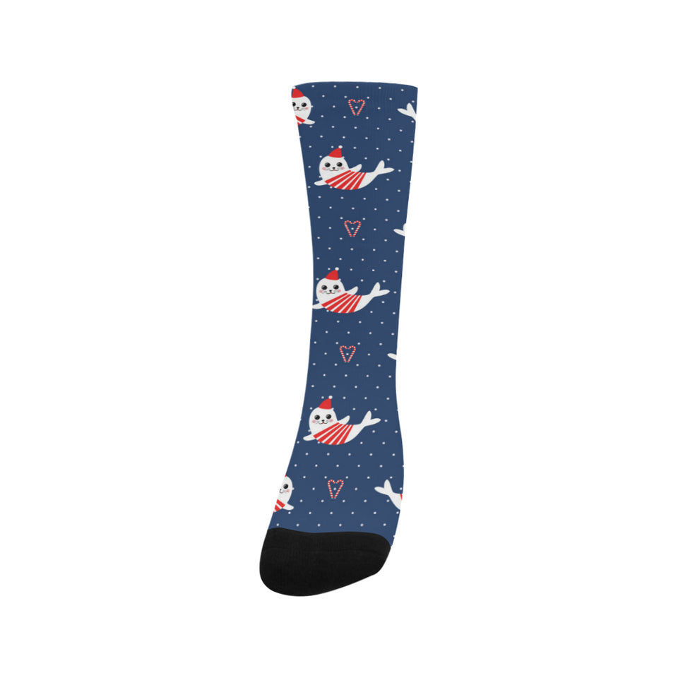 Cute sea lion seal christmas hat candy cane heart Crew Socks