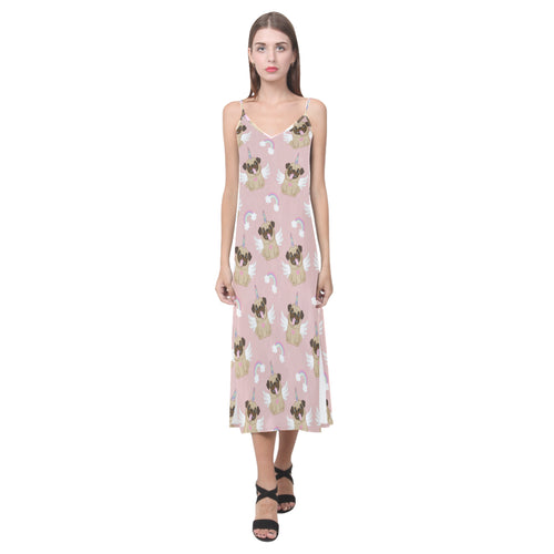 Cute unicorn pug pattern V-Neck Open Fork Long Dress