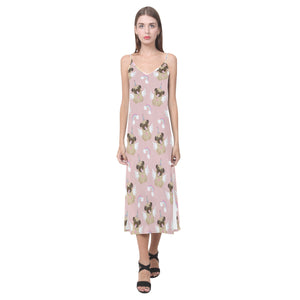Cute unicorn pug pattern V-Neck Open Fork Long Dress