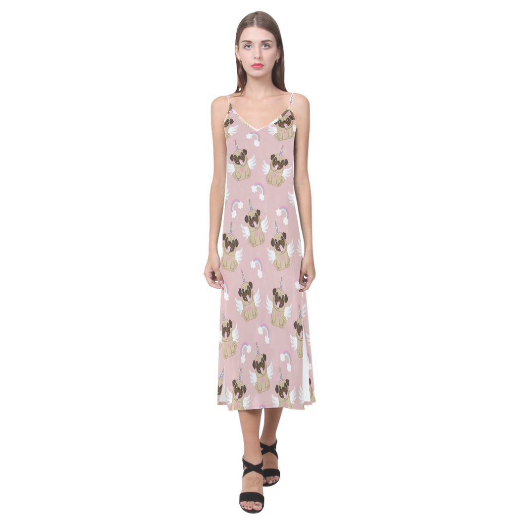 Cute unicorn pug pattern V-Neck Open Fork Long Dress