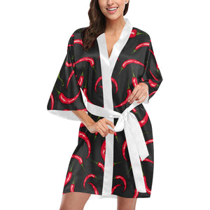 Chili peppers pattern black background Women's Short Kimono Robe