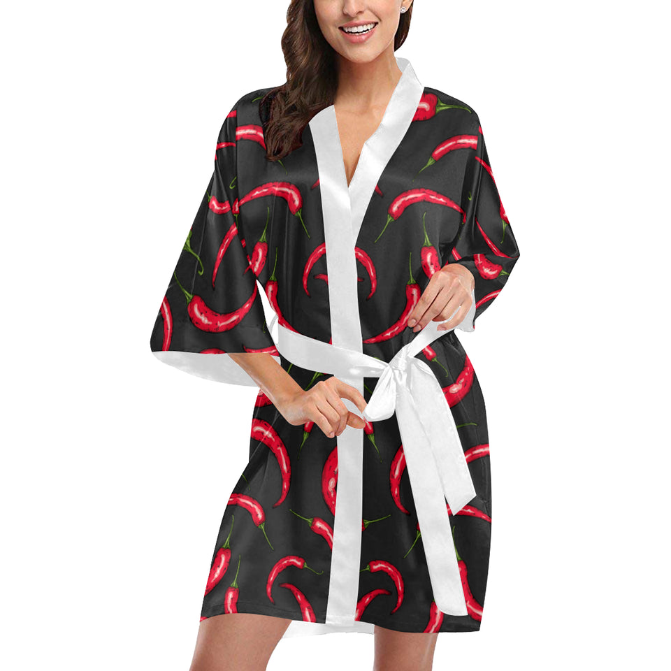 Chili peppers pattern black background Women's Short Kimono Robe
