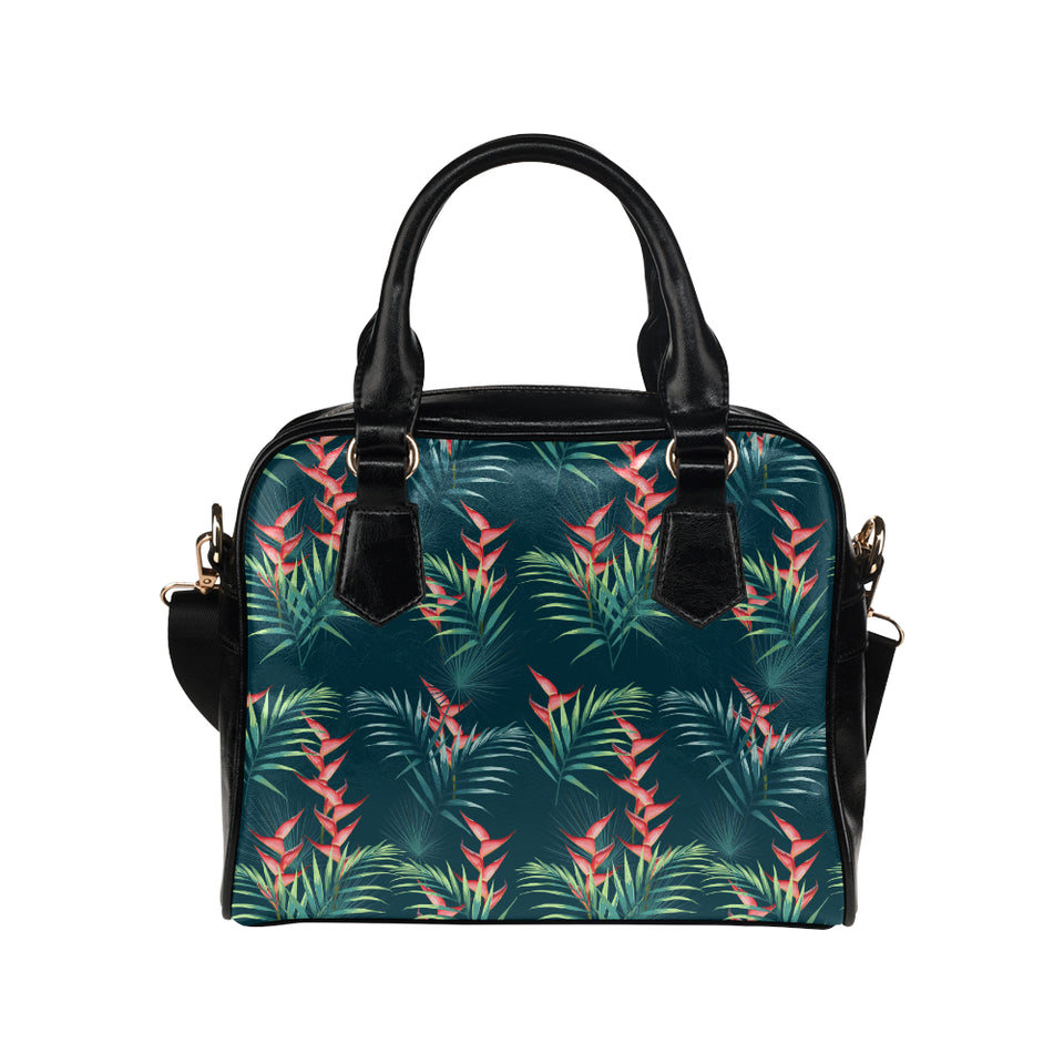heliconia flowers, palm and monstera leaves on bla Shoulder Handbag