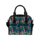 heliconia flowers, palm and monstera leaves on bla Shoulder Handbag