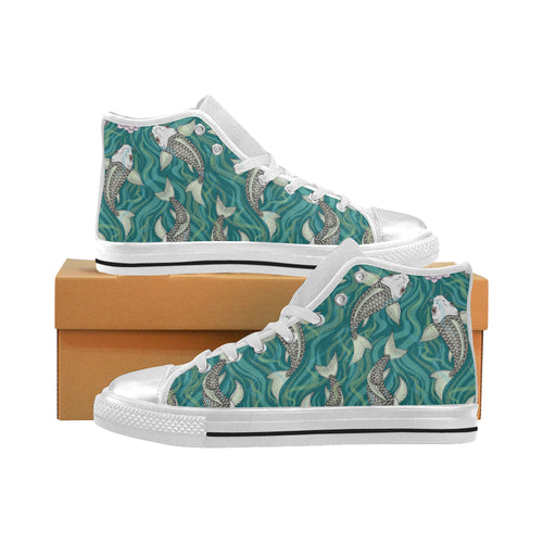 Koi Fish Carp Fish lotus pattern Women's High Top Canvas Shoes White