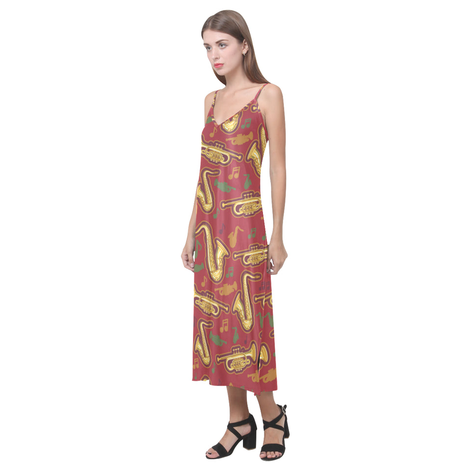 Saxophone cornet pattern red background V-Neck Open Fork Long Dress