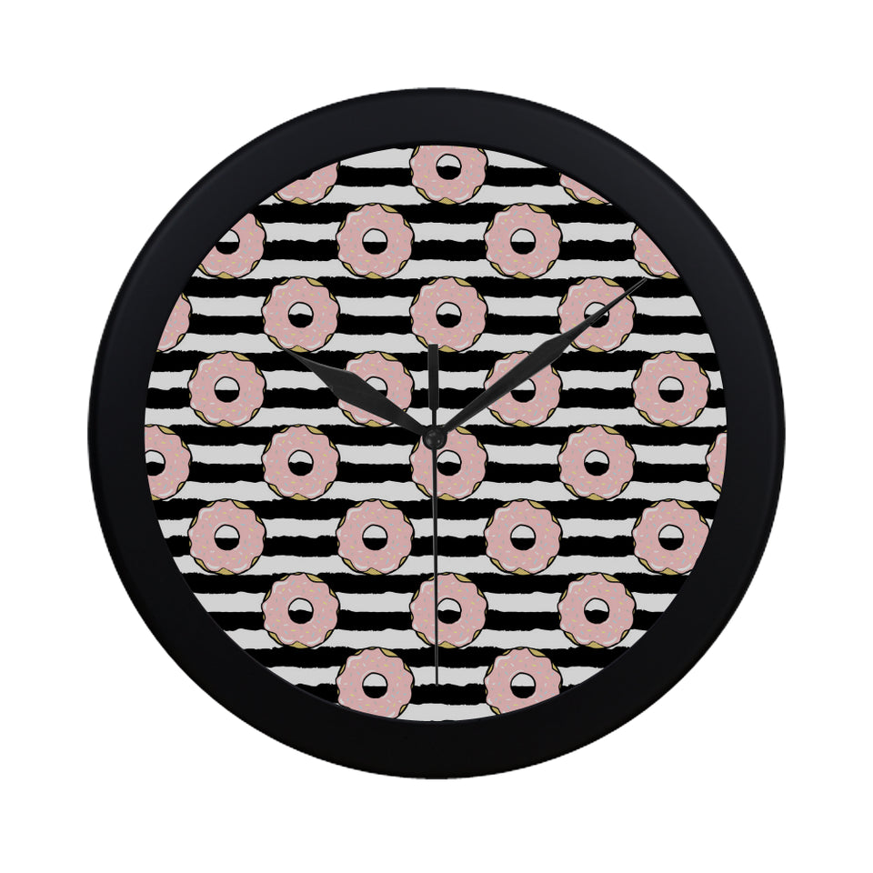 Donuts pink icing striped pattern Elegant Black Wall Clock