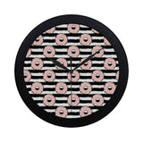 Donuts pink icing striped pattern Elegant Black Wall Clock