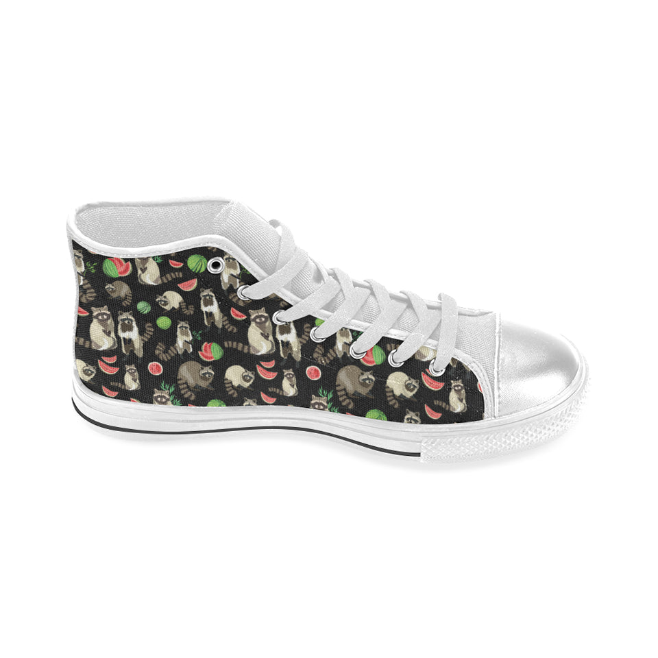 Raccoon watermelon pattern Women's High Top Canvas Shoes White