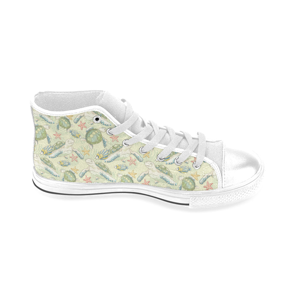 Hand drawn sea turtle fish pattern Men's High Top Canvas Shoes White