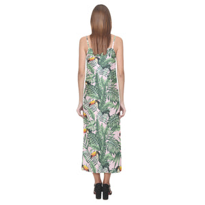 Toucan tropical green jungle palm pattern V-Neck Open Fork Long Dress