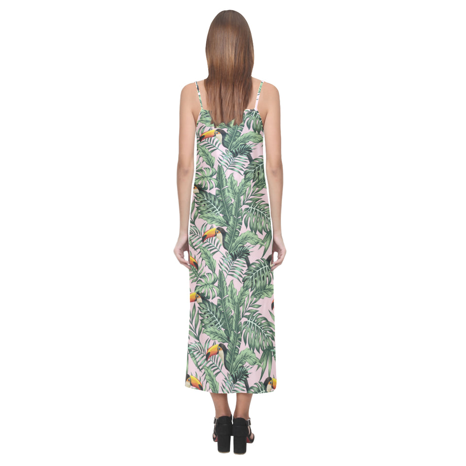 Toucan tropical green jungle palm pattern V-Neck Open Fork Long Dress