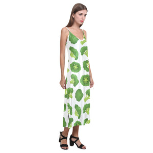 Cute broccoli pattern V-Neck Open Fork Long Dress