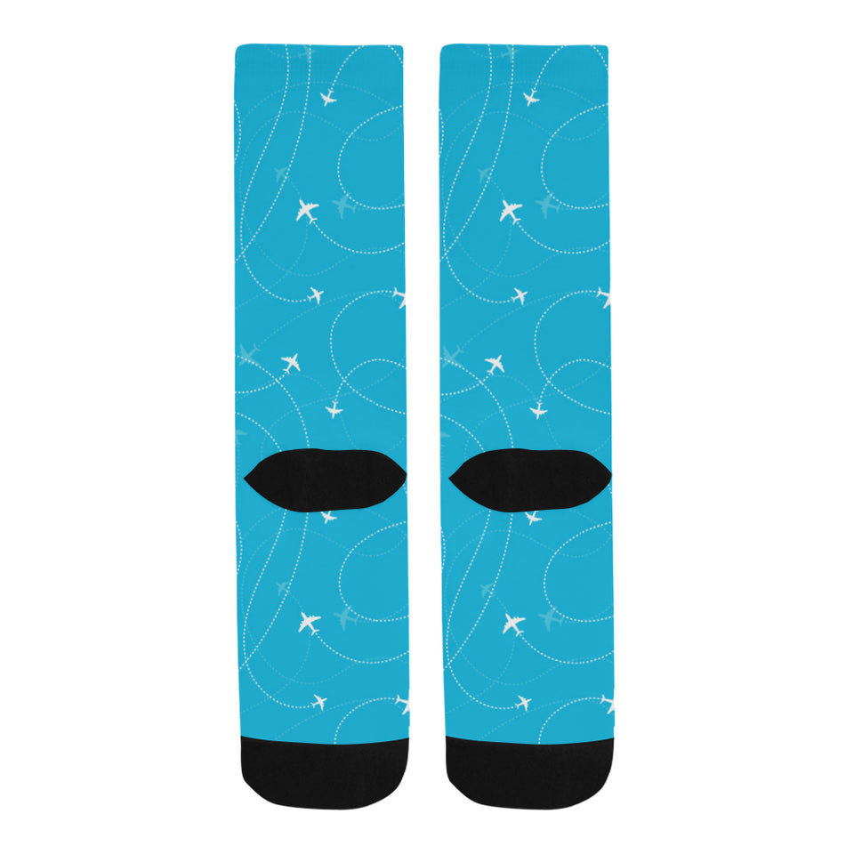 Airplane destinations blue background Crew Socks
