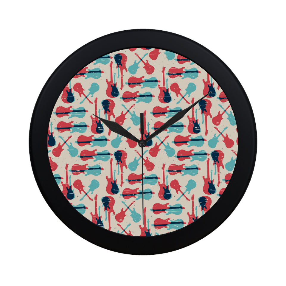 Red Blue guitar pattern Elegant Black Wall Clock