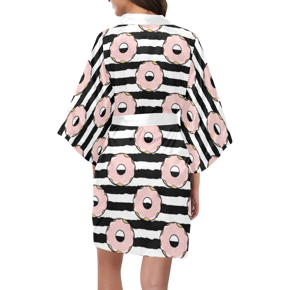 Donuts pink icing striped pattern Women's Short Kimono Robe