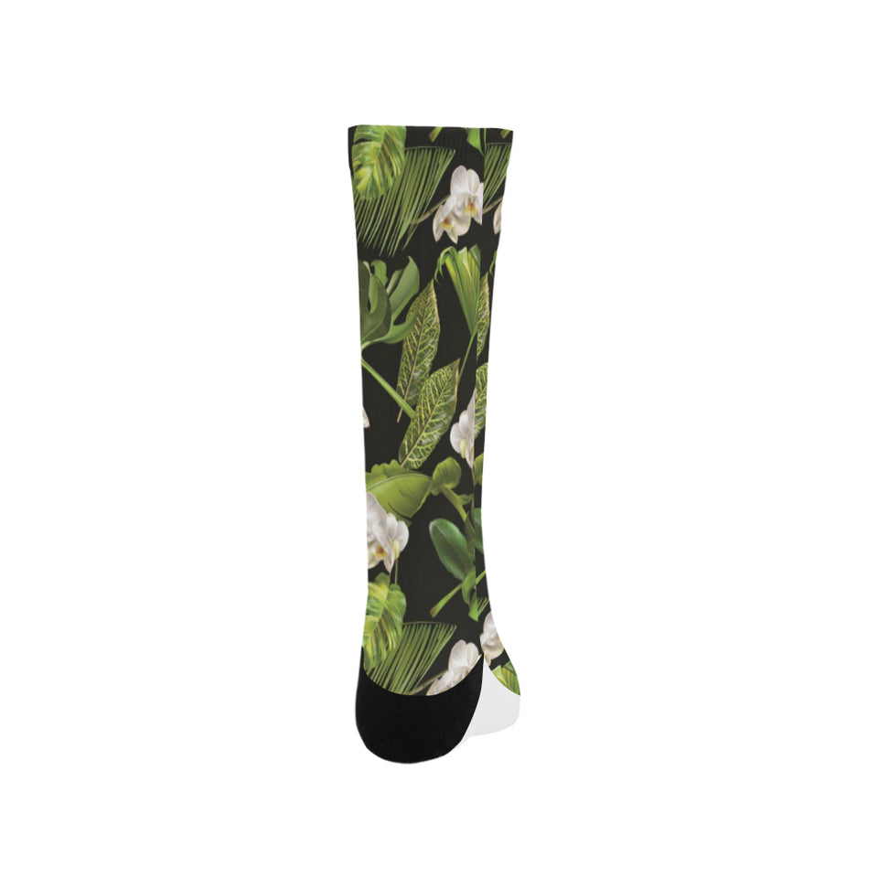 White orchid flower tropical leaves pattern blackg Crew Socks