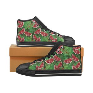 Watermelons tropical palm leaves pattern backgroun Women's High Top Canvas Shoes Black