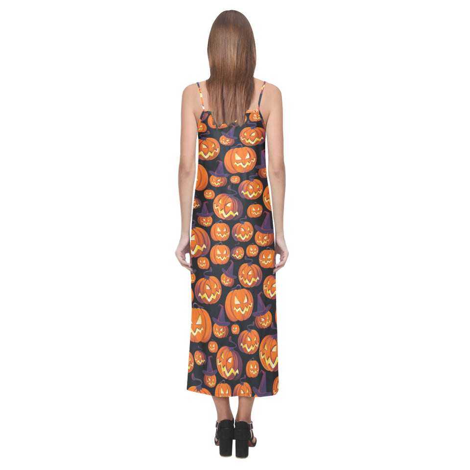 Halloween Pumpkin pattern V-Neck Open Fork Long Dress