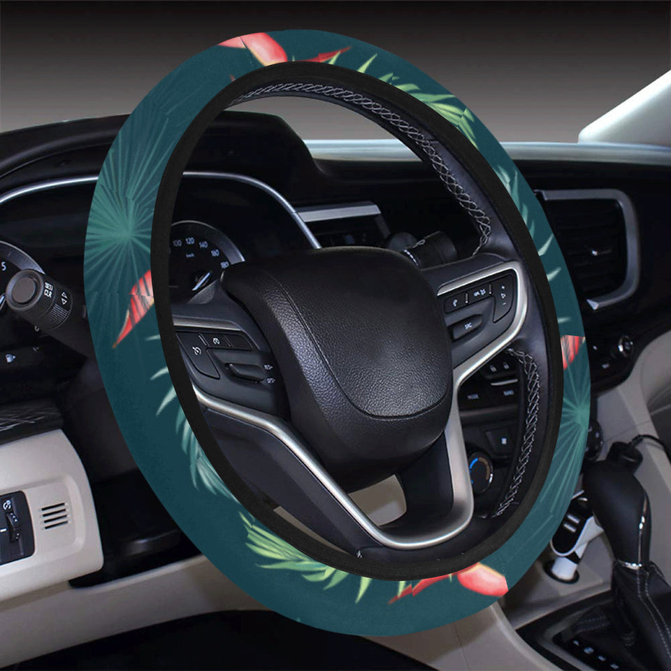 heliconia flowers, palm and monstera leaves on bla Car Steering Wheel Cover