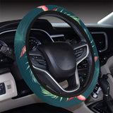 heliconia flowers, palm and monstera leaves on bla Car Steering Wheel Cover