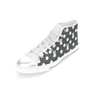 Cute white rabbit polka dots black background Women's High Top Canvas Shoes White