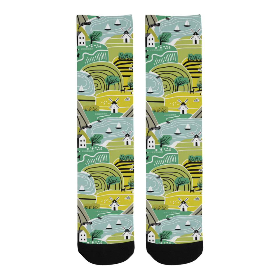 Hand drawn windmill pattern Crew Socks