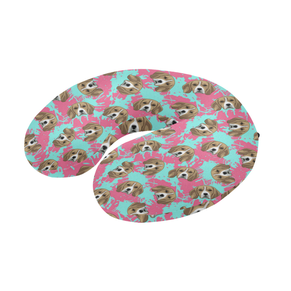 Beagle muzzles turquoise paint splashes pink patte U-Shaped Travel Neck Pillow