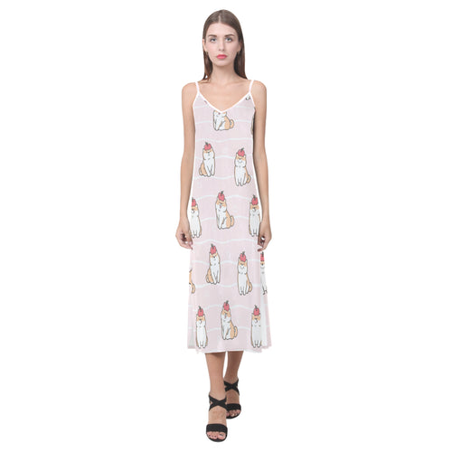 Cute Shiba Inu Dog Apple pattern V-Neck Open Fork Long Dress