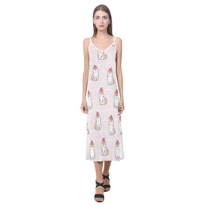 Cute Shiba Inu Dog Apple pattern V-Neck Open Fork Long Dress