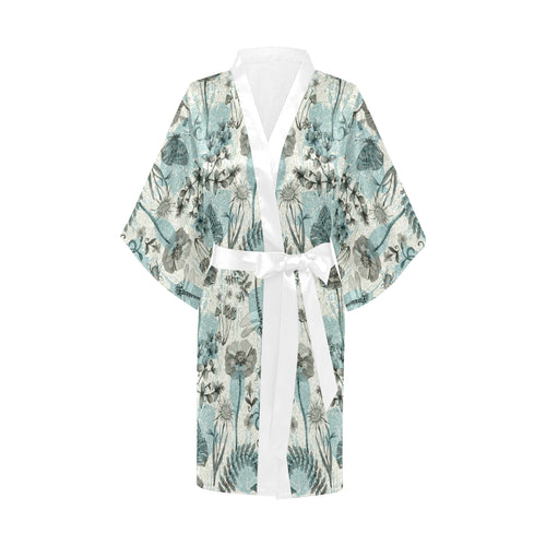 Dragonfly Butterfly Plants insect flower vintage s Women's Short Kimono Robe